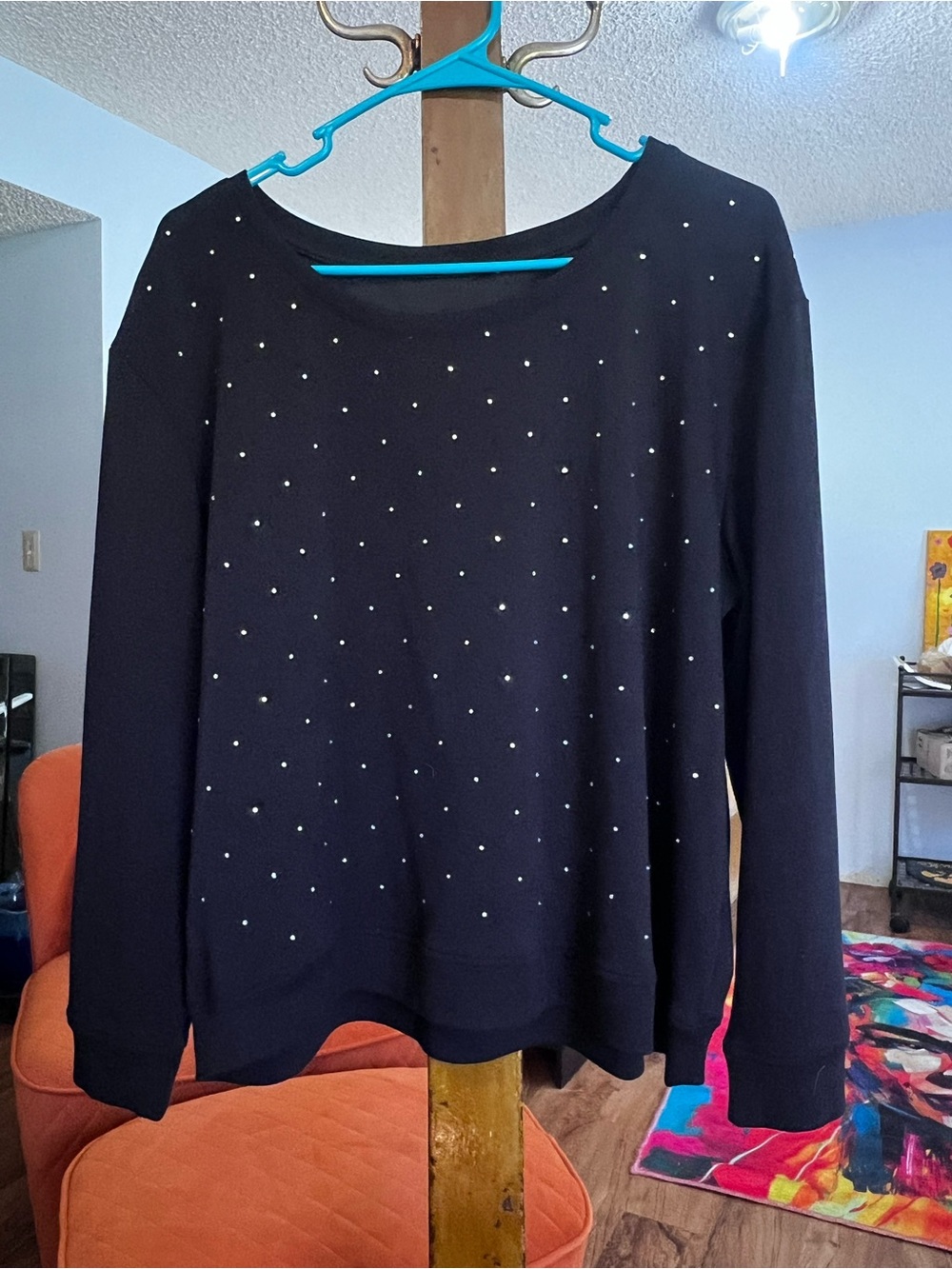 Black Crewneck Women's Sweater with Rhinestone Accents
